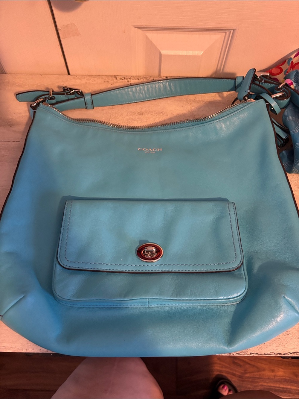 Coach Turquoise Leather Hobo Shoulder Bag with Front Pocket with matching scarf